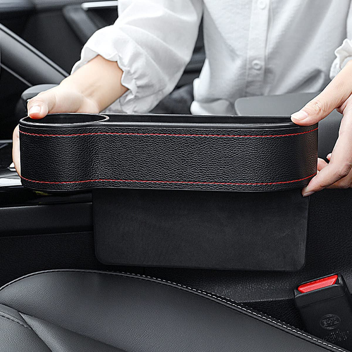 Car Seat Gap Filler Organizer between Front Seat Car Organizer and Storage Box, Auto Premium PU Leather Console with Cup Holder, Car Pocket for Interior Essentials (For Driver Side)
