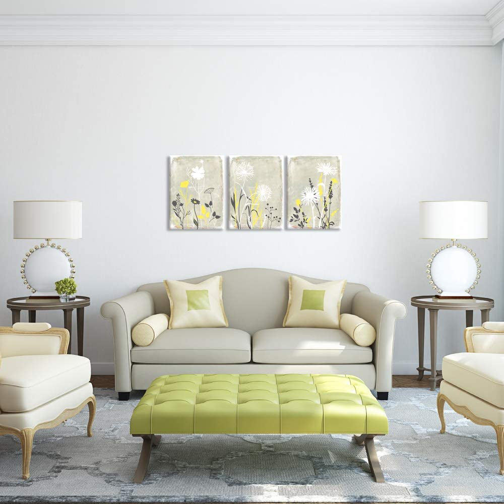 3 Pieces Yellow and Grey Flowers Wall Art Abstract Smiple Life Dandelion Floral Plant Art Print for Bathroom Bedroom Home Decor Stretched and Framed Ready to Hang 12X16Inchx3Pcs