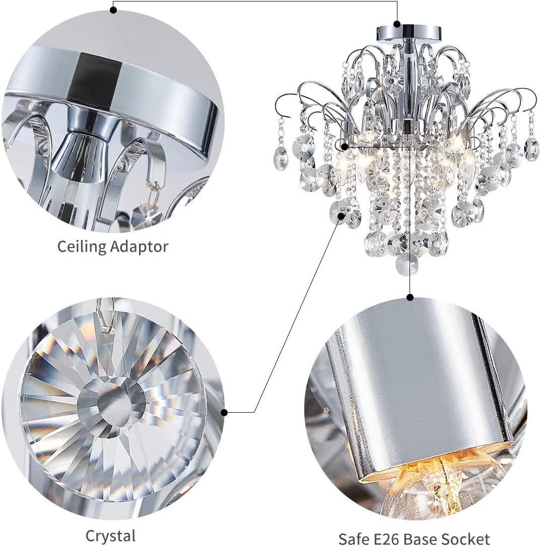 Crystal Chandelier Flushmount Ceiling Light Modern Lighting Fixture for Bedroom Hallway Bar Kitchen Bathroom, H 17.5'' X W 19.3'', E12 Base, Chrome