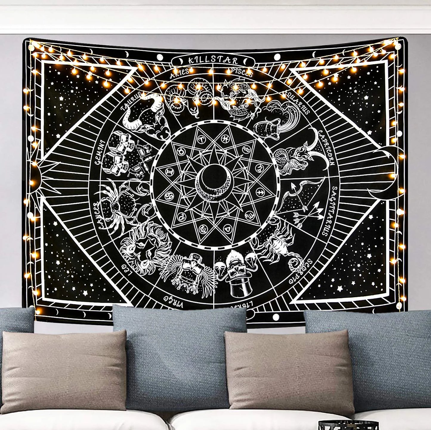 12 Constellation Tapestry Moon Star Sun Celestial Tapestry Black and White Tarot Tapestries Hippie Boho Tapestry for Room(59.1 X 59.1 Inches)