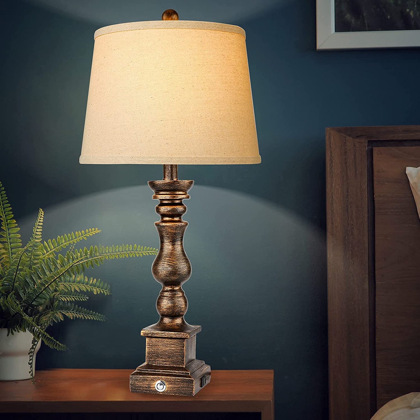 Touch Farmhouse Rustic Table Lamps Set of 2 for Living Room,3-Way Dimmable Resin Retro Bedside Nightstand Lamps Oatmeal Tapered Drum Shade for Bedroom with 2 USB Port and Outlet