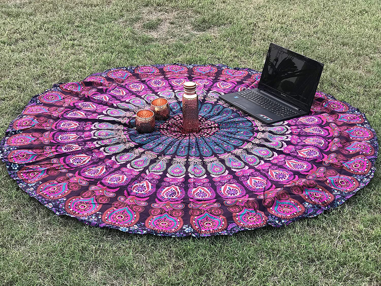 round Beach Tapestry Purple Mandala Throw/Boho Hippie Beach Blanket Roundie/Indian Cotton Bohemian Large round Table Cloth-Home Decor/Yoga Mat Meditation Picnic Rug 69 Inch