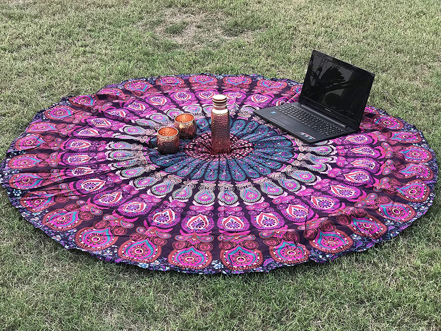 round Beach Tapestry Purple Mandala Throw/Boho Hippie Beach Blanket Roundie/Indian Cotton Bohemian Large round Table Cloth-Home Decor/Yoga Mat Meditation Picnic Rug 69 Inch