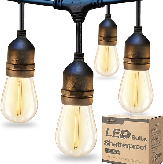 LED Outdoor String Lights 48FT with 2W Dimmable Edison Vintage Shatterproof Bulbs and Commercial Grade Weatherproof Strand - ETL Listed Heavy-Duty Decorative Lights for Patio Garden