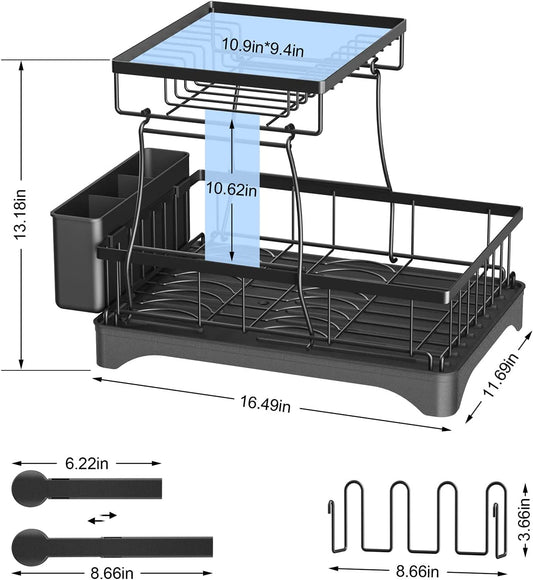 2 Tier Dish Drying Rack for Kitchen Counter, Black Metal Dish Drainers Rack with Drainboard, Large Dish Dryer with Detachable Cup Rack and Utensil Holder