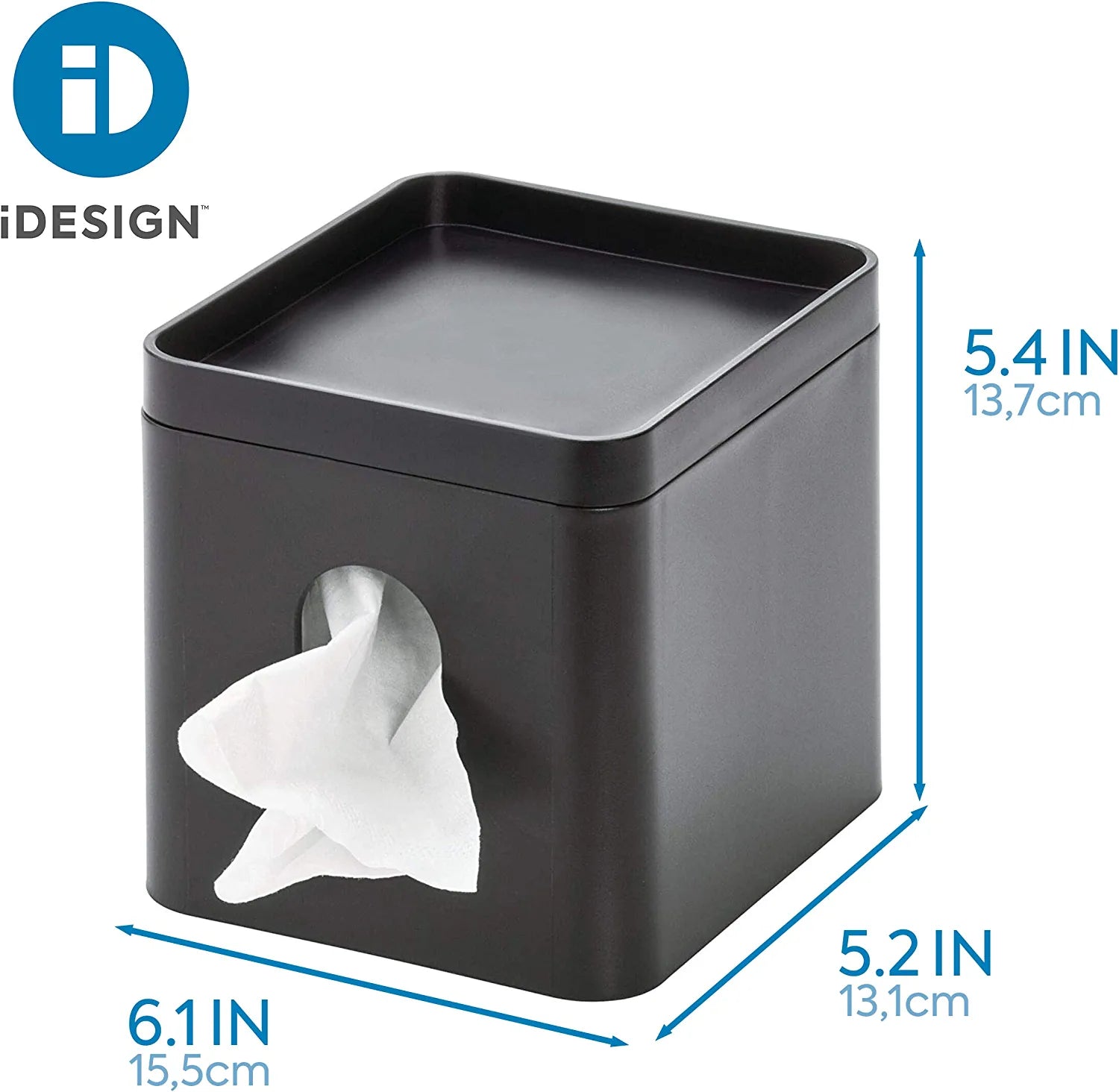 Facial Tissue Box Cover with Storage Tray, the Cade Collection – 6.1" X 5.15" X 5.4", Matte Black