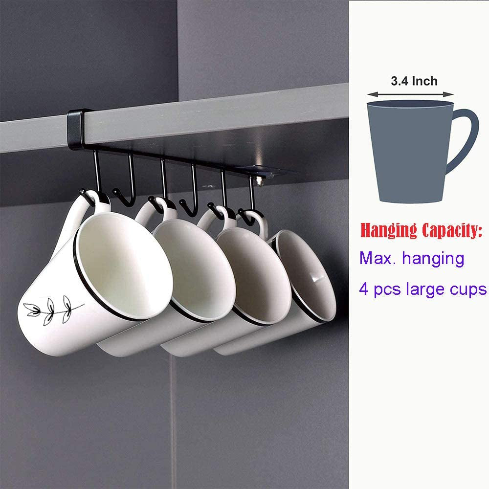 Alich 2Pcs Mug Hooks under Cabinet Mug Holder Rack,Nail Free Adhesive Coffee Cups Holder Hanger for Cups/Kitchen Utensils/Ties Belts/Scarf/Keys Storage, Fit for 0.8Inch Thickness Shelf or Less (BLA)