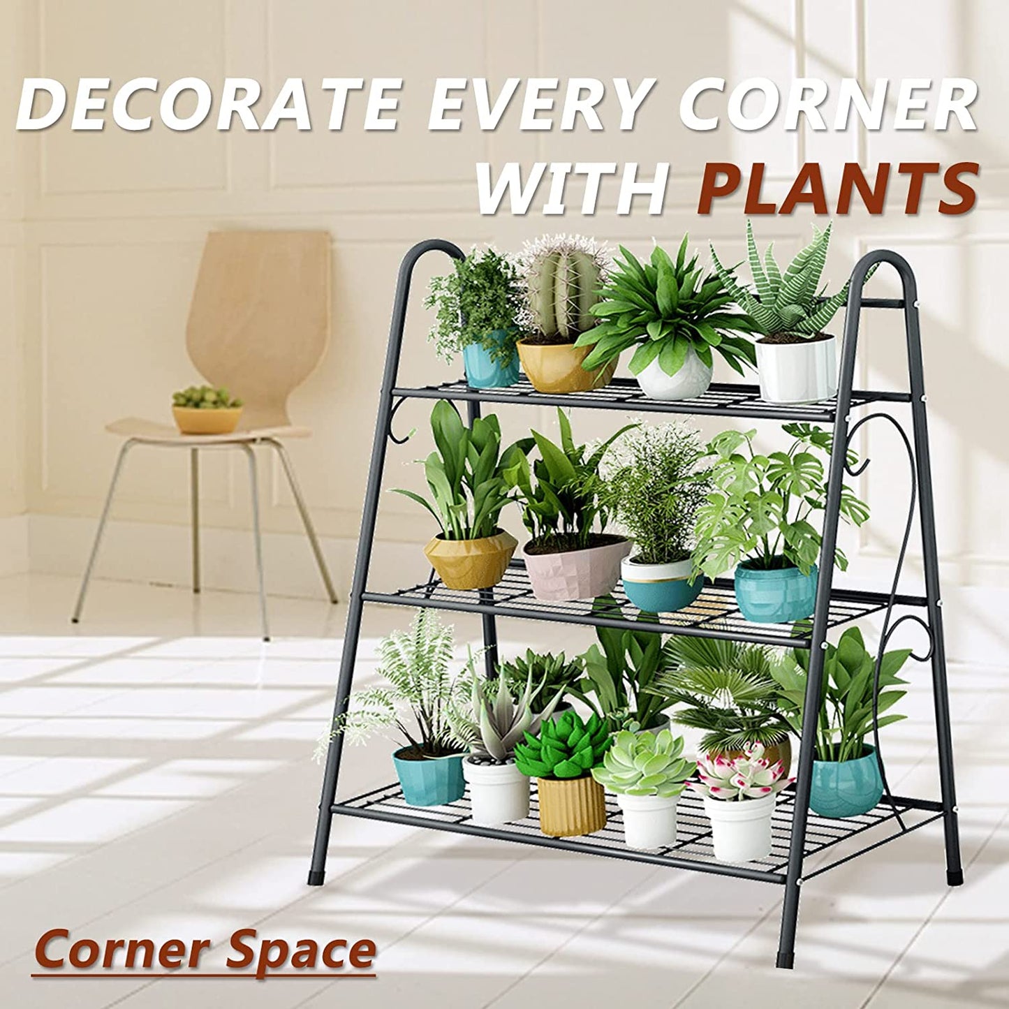 Plant Stand Indoor Outdoor Metal Multiple 3 Tier Plant Holder Shelf for Patio Garden Living Room Corner Balcony and Bedroom ,Dark Grey