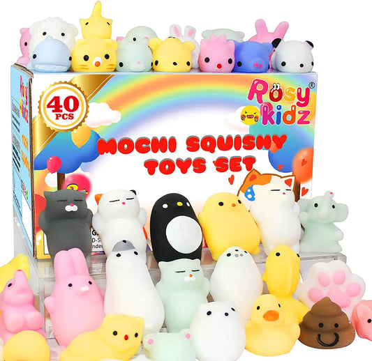 40Pcs Mochi Squishy Toys Bulk, Kids Party Favors Squishies Stress Toys Pack Includes Unicorn and Animals Toy for Kids Boys Girls Class Prize Box Items, Desk Mini Toys for Classroom Rewards