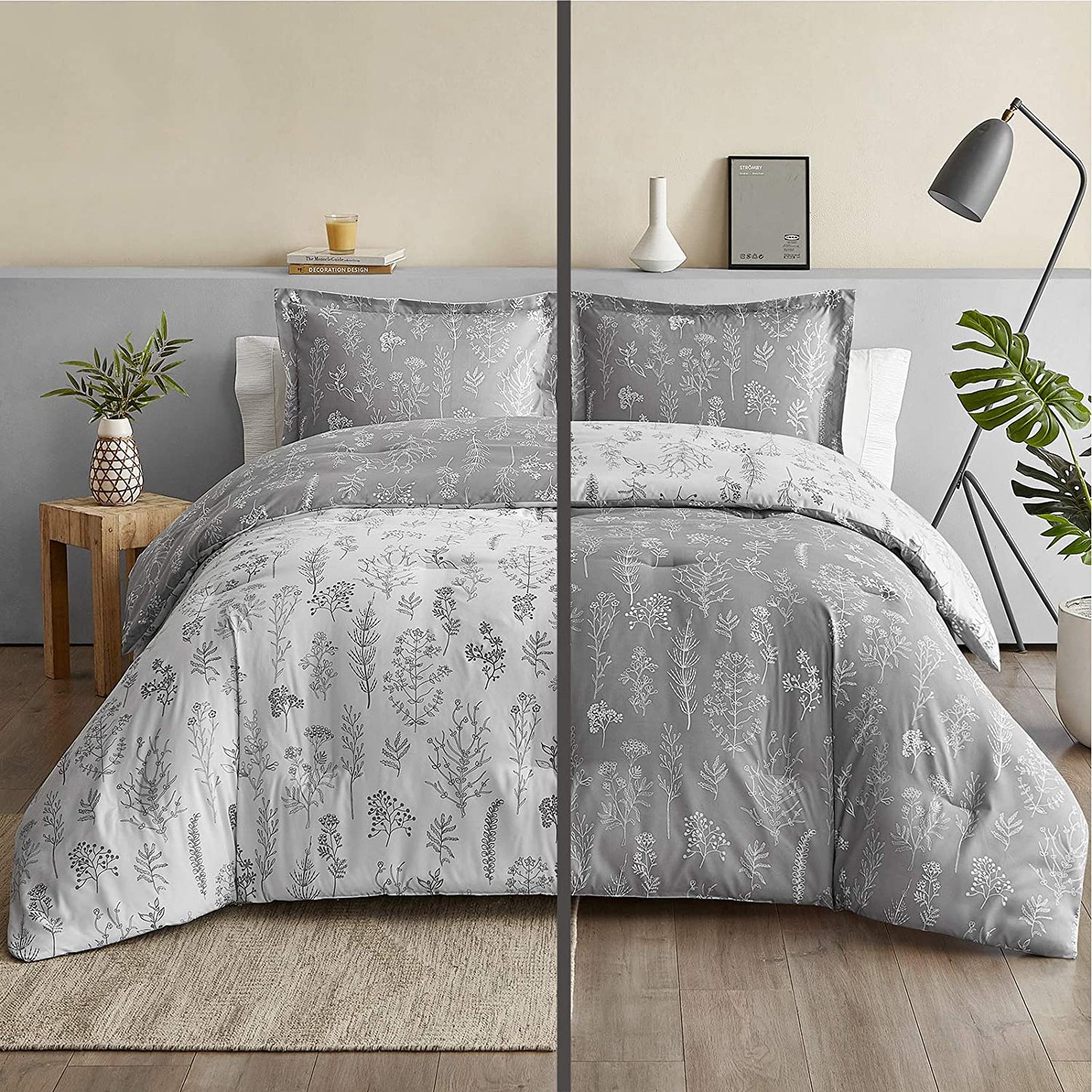 Queen Comforter Set Grey - Cute Floral Bedding Comforter Sets, 3 Pieces Reversible Flowers Botanical Lightweight Soft Bed Set with 2 Pillow Shams