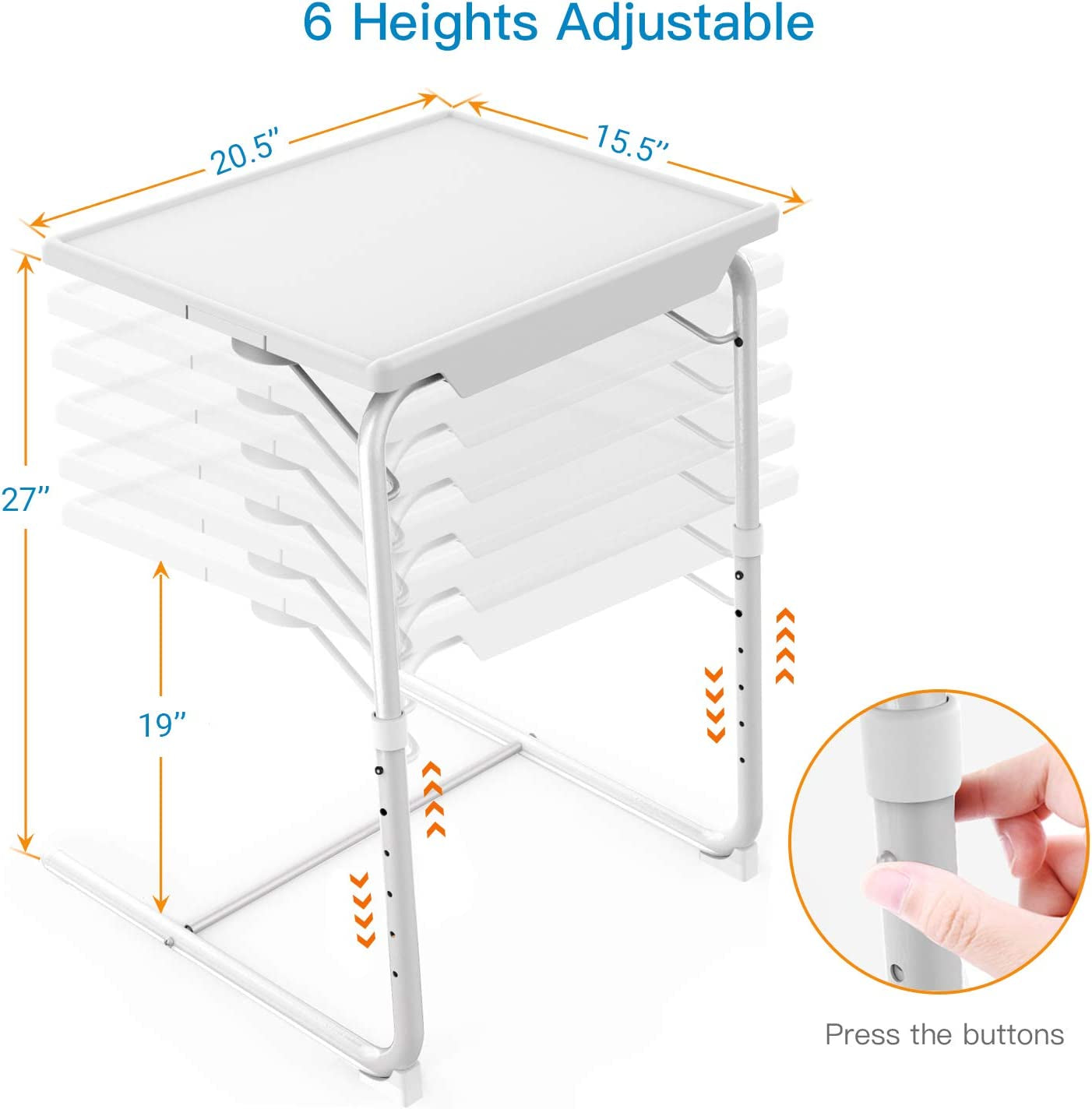 Adjustable TV Tray Table - TV Dinner Tray on Bed & Sofa, Comfortable Folding Table with 6 Height & 3 Tilt Angle Adjustments(White)