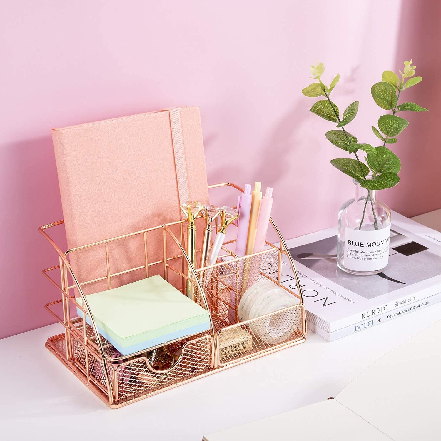 Desk Organizer for Women,Cute Mesh Office Supplies Accessories Essentials Caddy with 5 Compartments+1 Mini Sliding Drawer for Home & Office Desktop Organization & Decor, Rose Gold