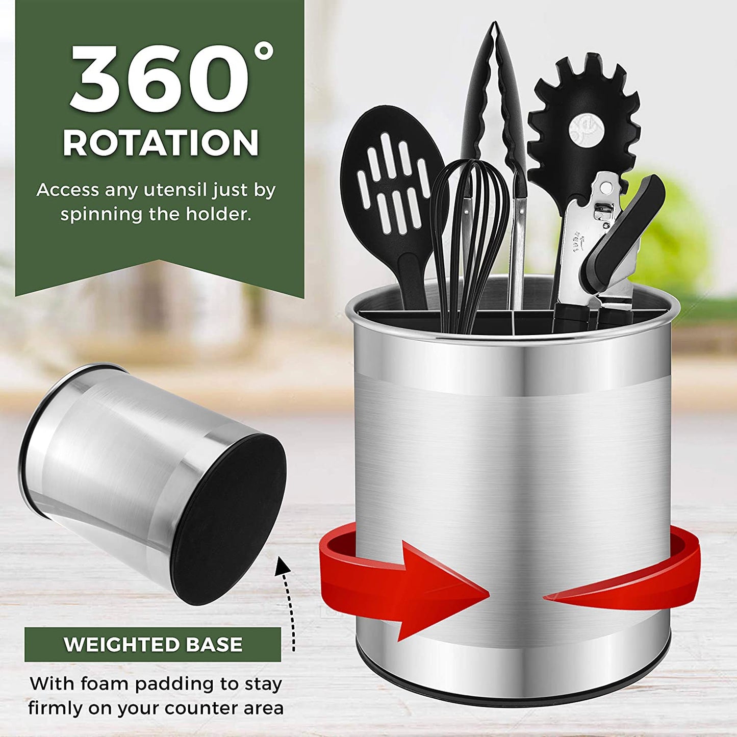 Extra Large Stainless Steel Kitchen Utensil Holder - 360° Rotating Utensil Caddy - Weighted Base for Stability - Countertop Organizer Crock with Removable Divider (Brushed Stainless Steel)
