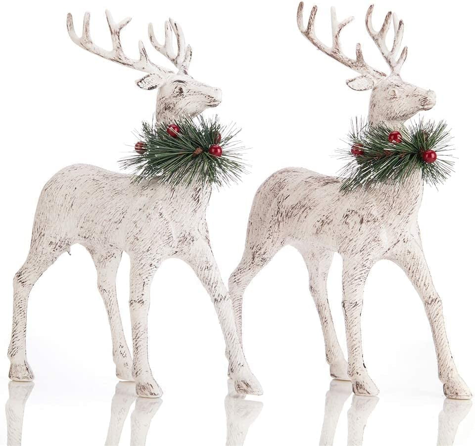 Reindeer Christmas Decoration Christmas Deers 12'' Standing Reindeer Decorations Christmas Deer Figurines Ornament Figurines with Red Berry Stem Pine Wreath, Indoor Tabletop Decorative