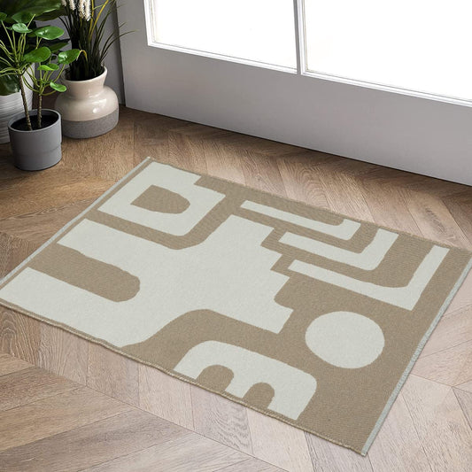 Abstract Geometric Rug 2' X 3' Washable Small Bathroom Rugs Modern Khaki Cotton Woven Door Mat Concise Reversible Carpet for Bedroom Hallway Entryway Laundry Room