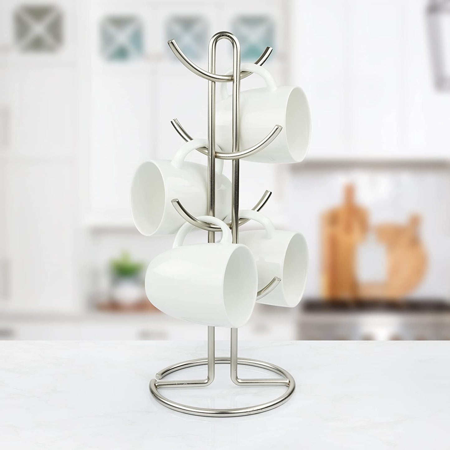 Euro Large 8 Holder, Mug Tree, Mugs & Tea Cup Storage Rack, Coffee Counter Bar Accessory & Kitchen Countertop Organizer, Satin Nickel