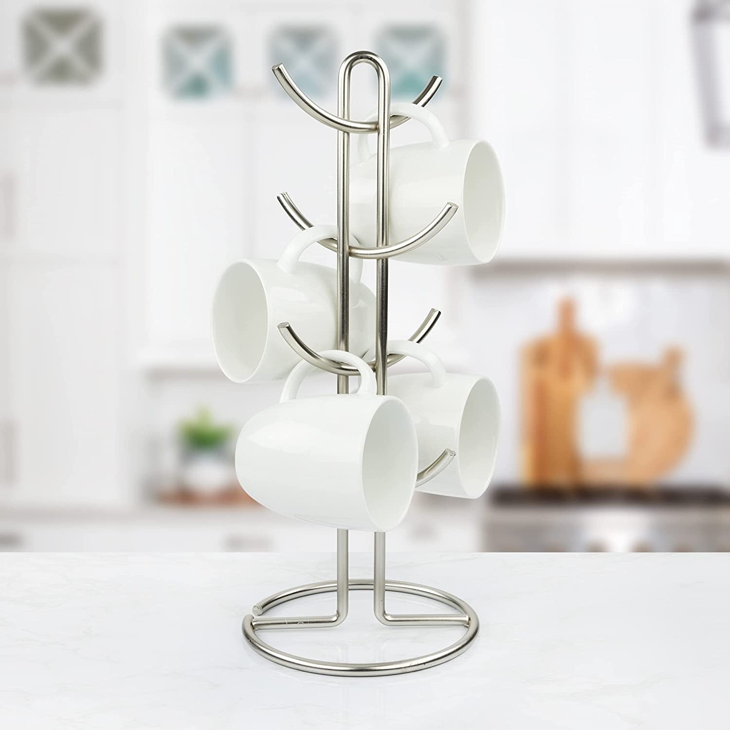Euro Large 8 Holder, Mug Tree, Mugs & Tea Cup Storage Rack, Coffee Counter Bar Accessory & Kitchen Countertop Organizer, Satin Nickel
