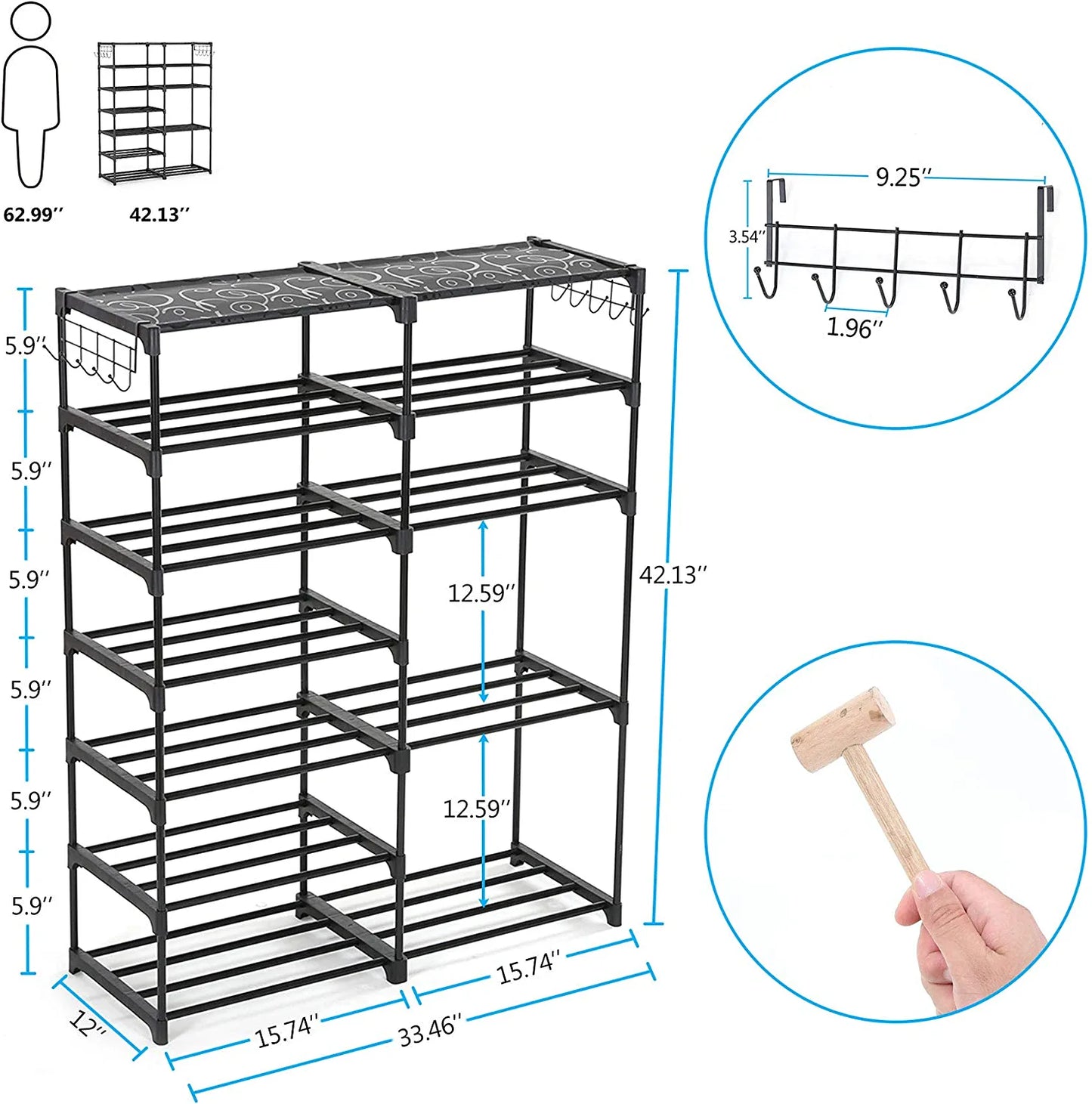 Shoe Rack Shoe Shelf Shoe Storage Organizer with Side Hooks for Entryway, 24-30 Pairs Metal Shoe Rack Taller Shoes Boots Organizer
