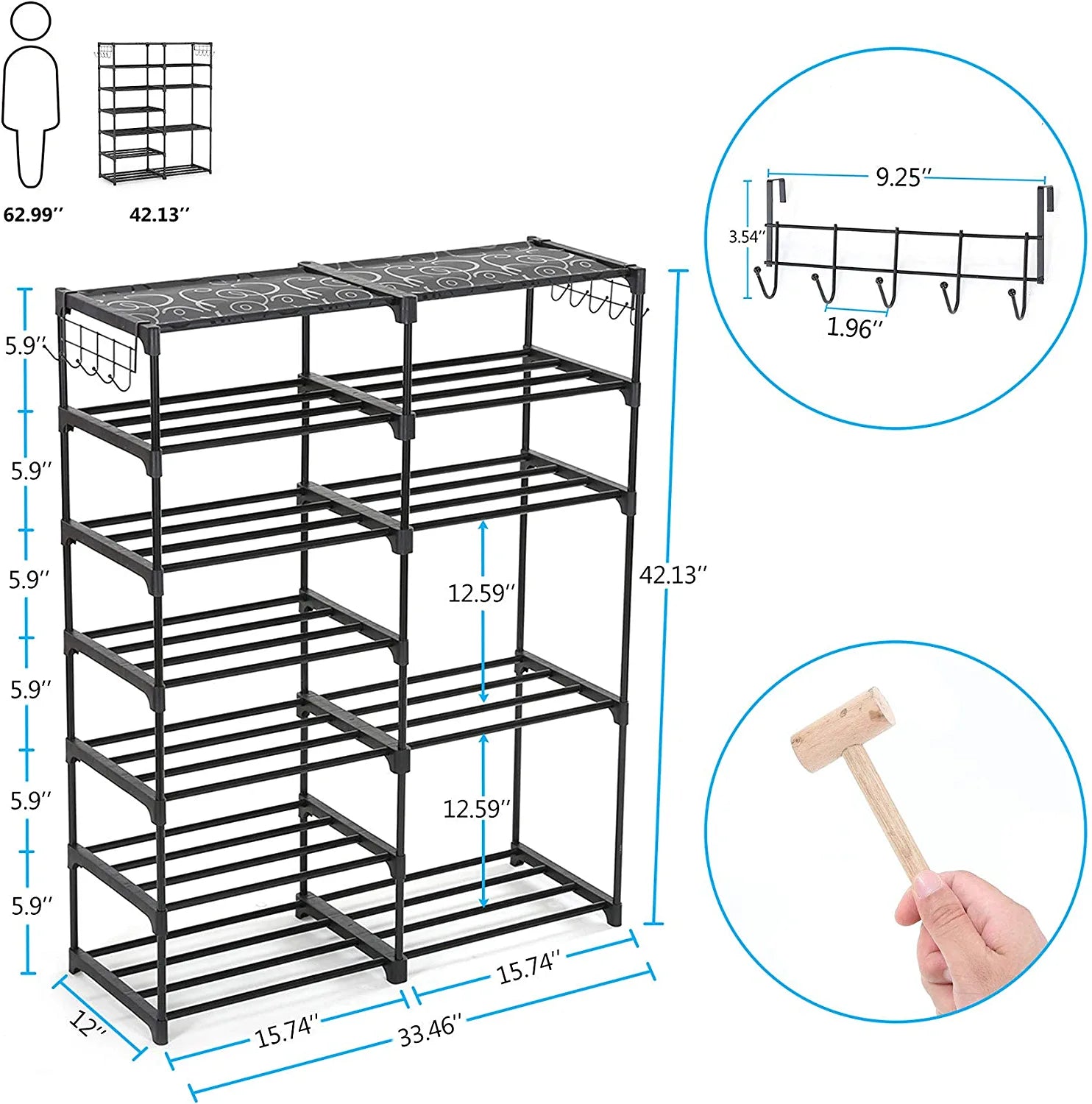 Shoe Rack Shoe Shelf Shoe Storage Organizer with Side Hooks for Entryway, 24-30 Pairs Metal Shoe Rack Taller Shoes Boots Organizer