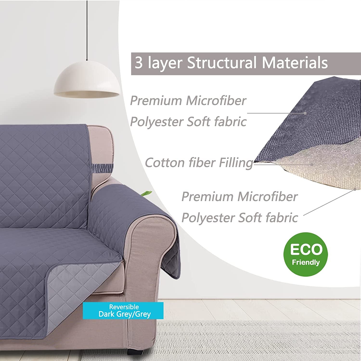 Large Sofa Cover Reversible Couch Cover for Dogs with Elastic Straps Water Resistant Furniture Protector for Pets Couch Cover for 4 Cushion Couch (Oversized Sofa,Dark Grey/Light Grey)