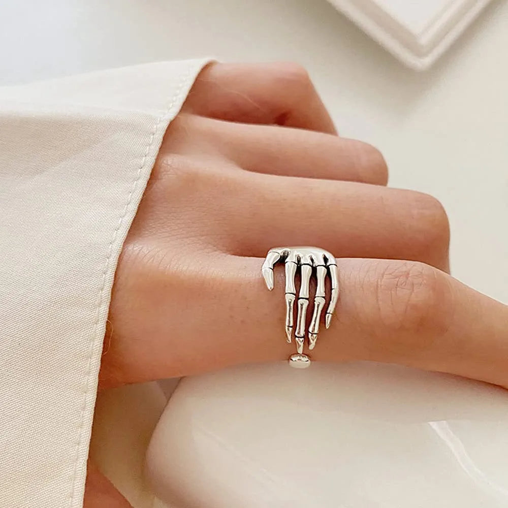 Vintage Skull Hand S925 Sterling Silver Open Band Ring for Women Girls Statement Adjustable Expandable Oxidized Gothic Skeleton Devil'S Talons Finger Pinky Rings Comfort Fit Unisex Personalized Jewelry
