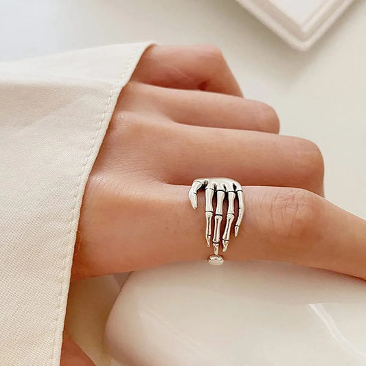 Vintage Skull Hand S925 Sterling Silver Open Band Ring for Women Girls Statement Adjustable Expandable Oxidized Gothic Skeleton Devil'S Talons Finger Pinky Rings Comfort Fit Unisex Personalized Jewelry