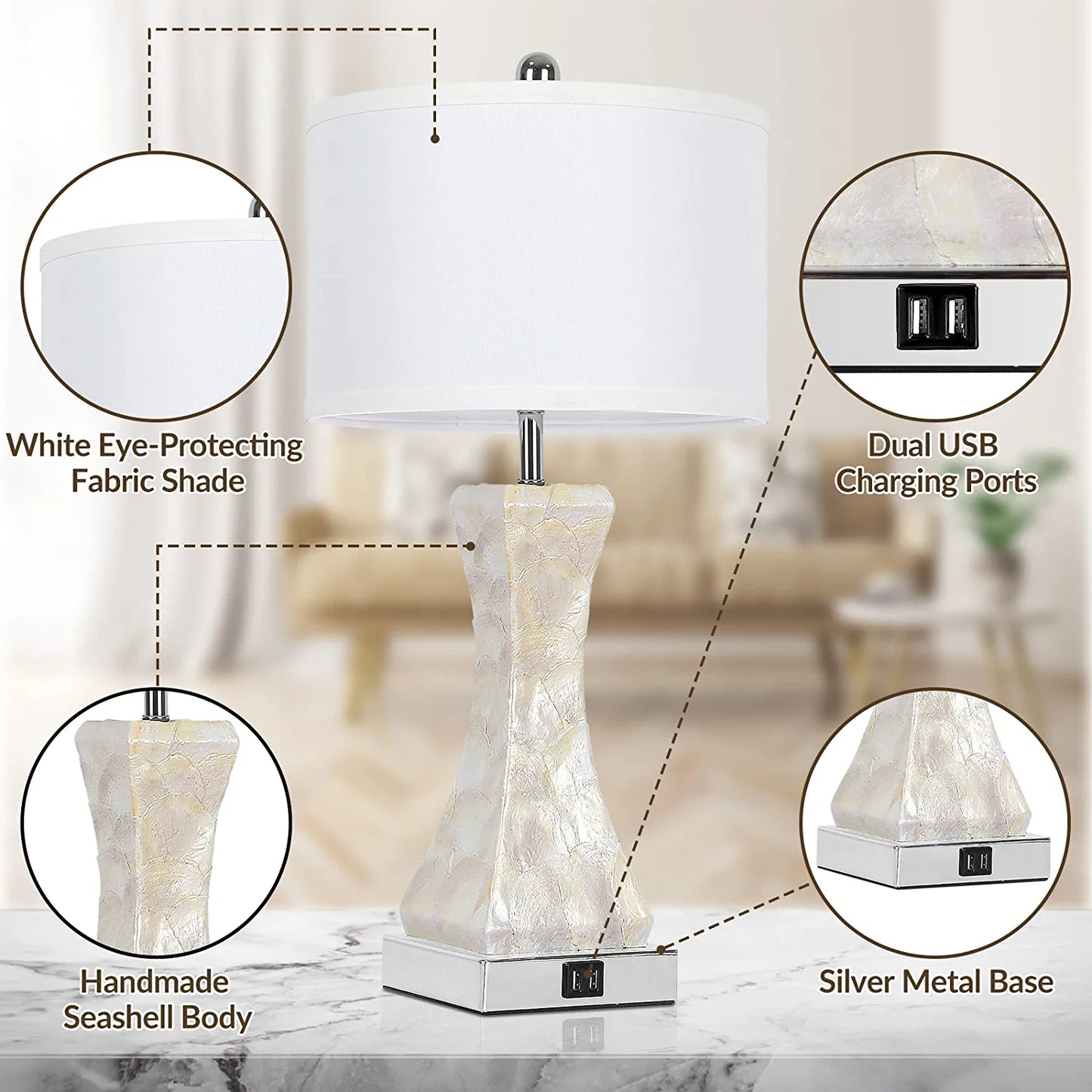 Set of 2 Touch Control Table Lamps with 2 USB Ports, Tall Bedside Nightstand Lamp for Bedrooms Living Room Reading Table, 3-Way Dimmable Coastal End Table Lamps, 2700K Warm White LED Bulb Included