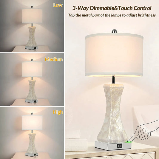 Set of 2 Touch Control Table Lamps with 2 USB Ports, Tall Bedside Nightstand Lamp for Bedrooms Living Room Reading Table, 3-Way Dimmable Coastal End Table Lamps, 2700K Warm White LED Bulb Included