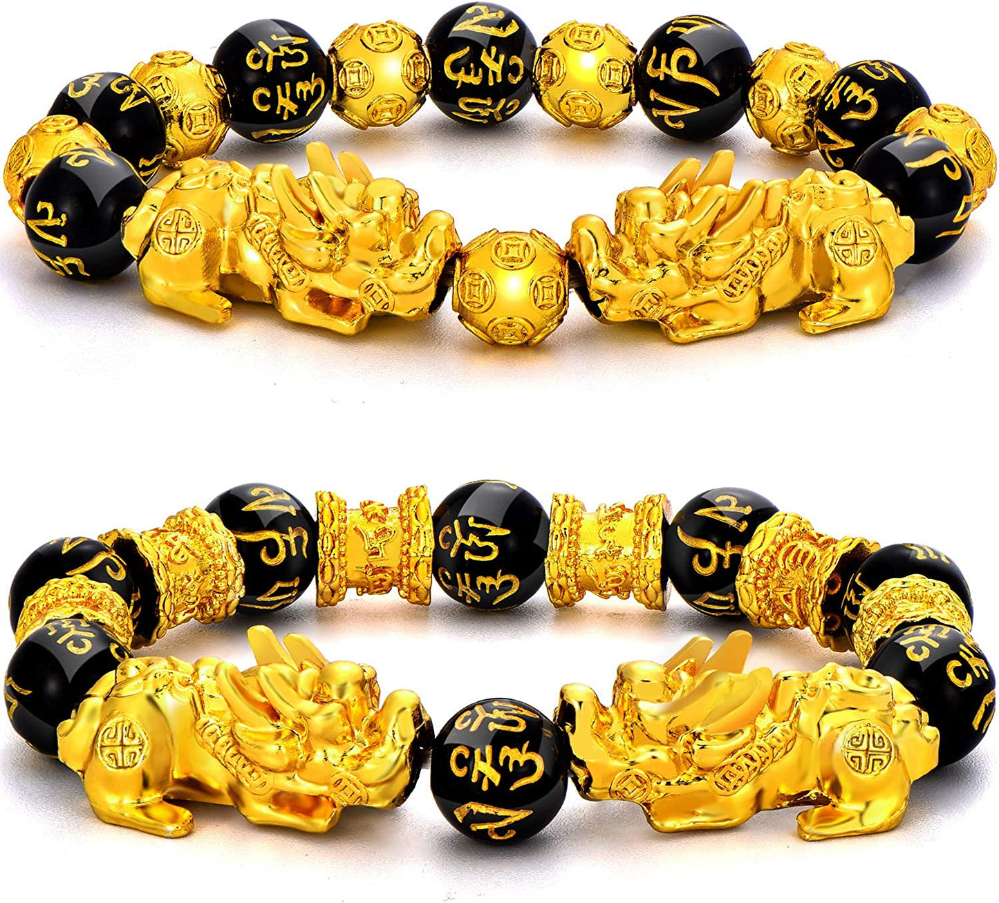 2 Pieces 12 Mm Feng Shui Bead Bracelet Chinese Bracelet with Hand Carved Black Amulet Bead Bracelet for Attracting Wealth and Good Luck