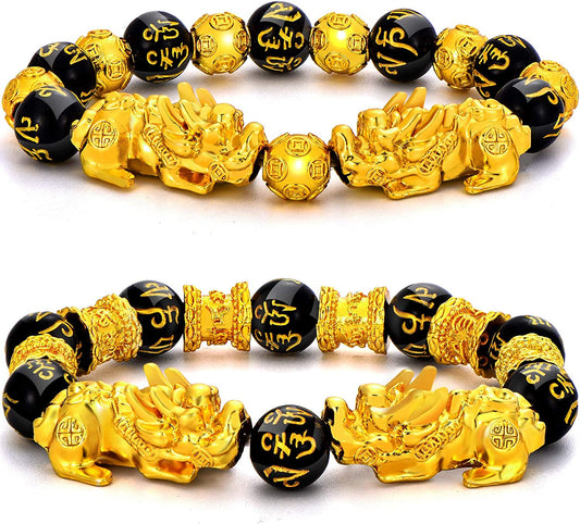 2 Pieces 12 Mm Feng Shui Bead Bracelet Chinese Bracelet with Hand Carved Black Amulet Bead Bracelet for Attracting Wealth and Good Luck
