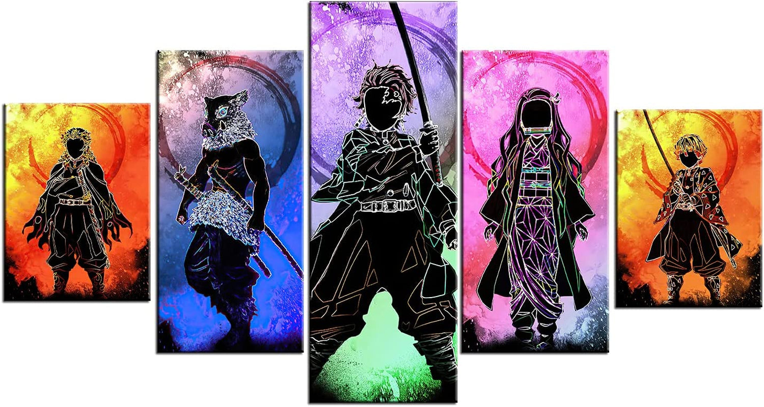 Demon Slayer Poster Anime Canvas Wall Art Kimetsu No Yaiba 5 Pieces HD Print Painting Tanjiro Nezuko Kamado Silhouette Decoration Pictures Modern for Living Bathroom Room Home Decor Unframed