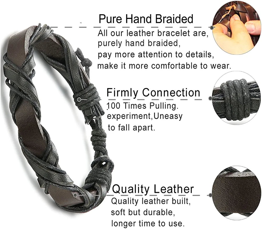 24 Pcs Woven Leather Bracelet for Men Women Cool Leather Wrist Cuff Bracelets Adjustable
