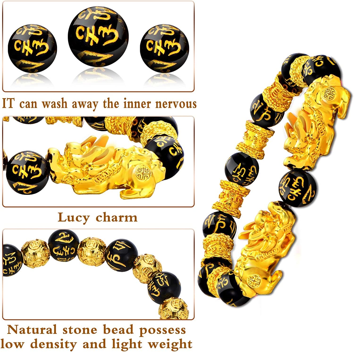 2 Pieces 12 Mm Feng Shui Bead Bracelet Chinese Bracelet with Hand Carved Black Amulet Bead Bracelet for Attracting Wealth and Good Luck