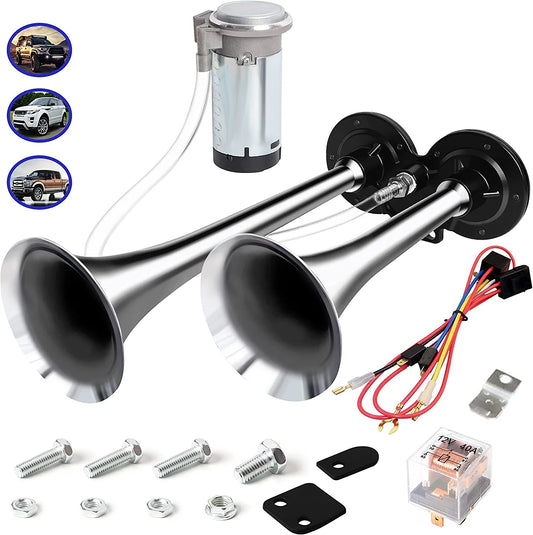 Air Horn for Truck Boats Car, 150DB Super Loud Train Horns Kit with 120 PSI Air Compressor (Silver, Dual)