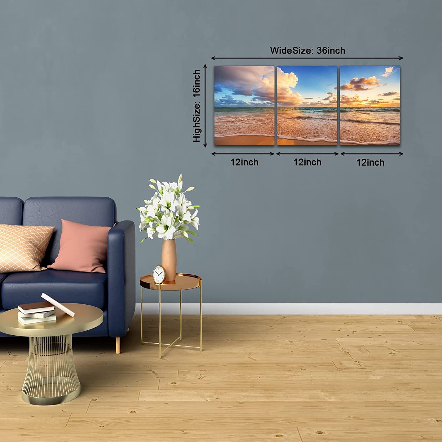 Sunrise Beach Canvas Wall Art, Baiyun Ocean Landscape Poster Framed, Canvas Painting Printing Picture for Home Bedroom Bathroom,12" X 16" X 3 PCS