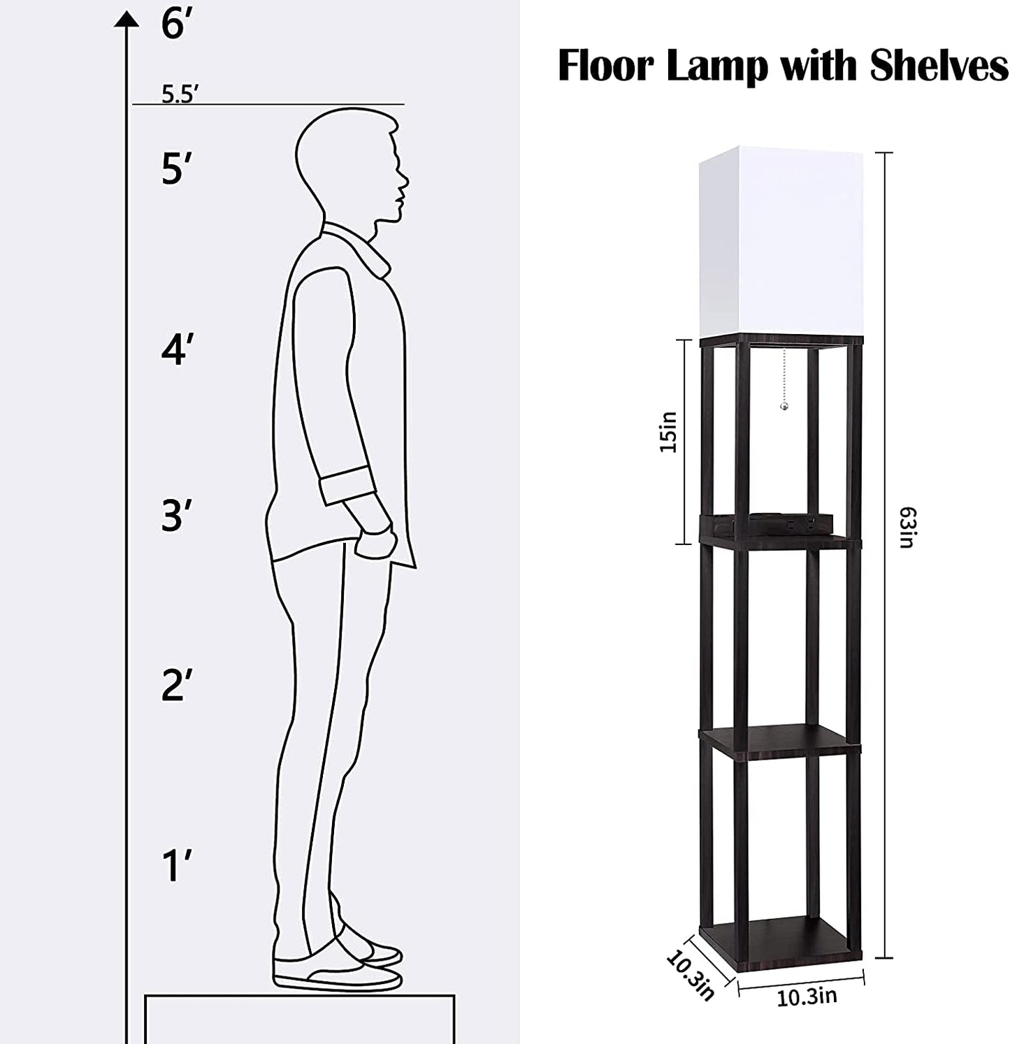 Floor Lamp with Shelves for Living Room, Shelf Floor Lamp with LED Grow Light, Wireless Charging Station, USB Port and AC Outlet, Modern Standing Light Column Lamp Tower Nightstand for Bedroom