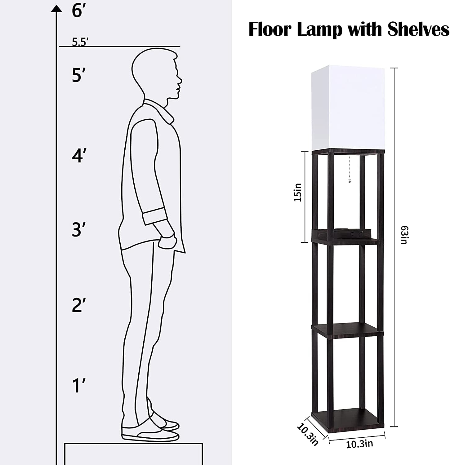 Floor Lamp with Shelves for Living Room, Shelf Floor Lamp with LED Grow Light, Wireless Charging Station, USB Port and AC Outlet, Modern Standing Light Column Lamp Tower Nightstand for Bedroom