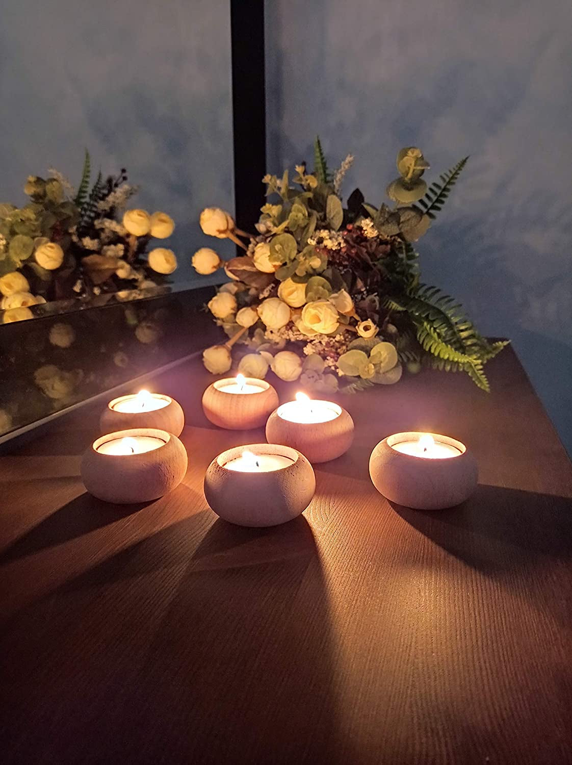Wood Candle Holders for Votives and Tea Lights Candles Set of 6. Dining and Wedding Table Centerpieces for Receptions or Home Decor, İdeal for Handmade Shower Favors & Housewarming Gift