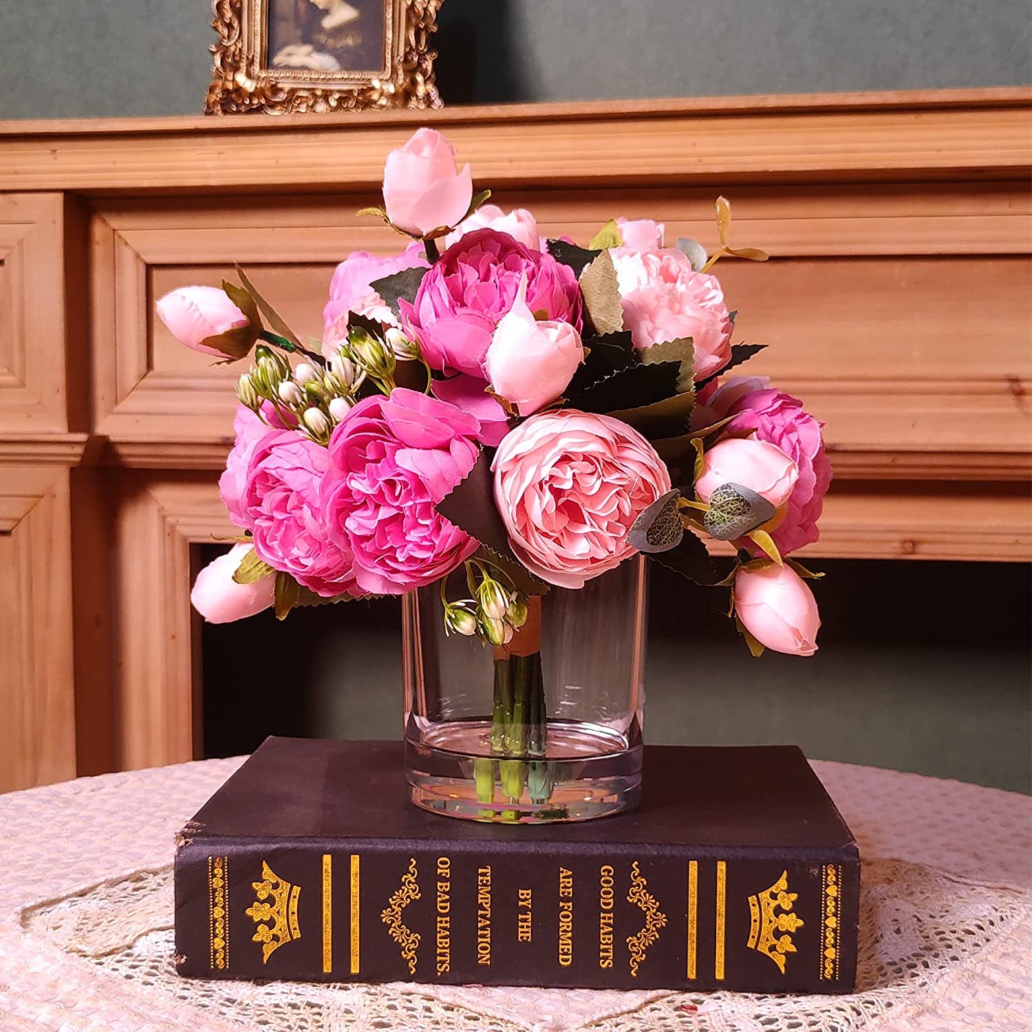 Floral Artificial Flowers Rose Fake Flowers Arrangement in Cube Glass Vase with Faux Water (Pink Pale Pink, 1)