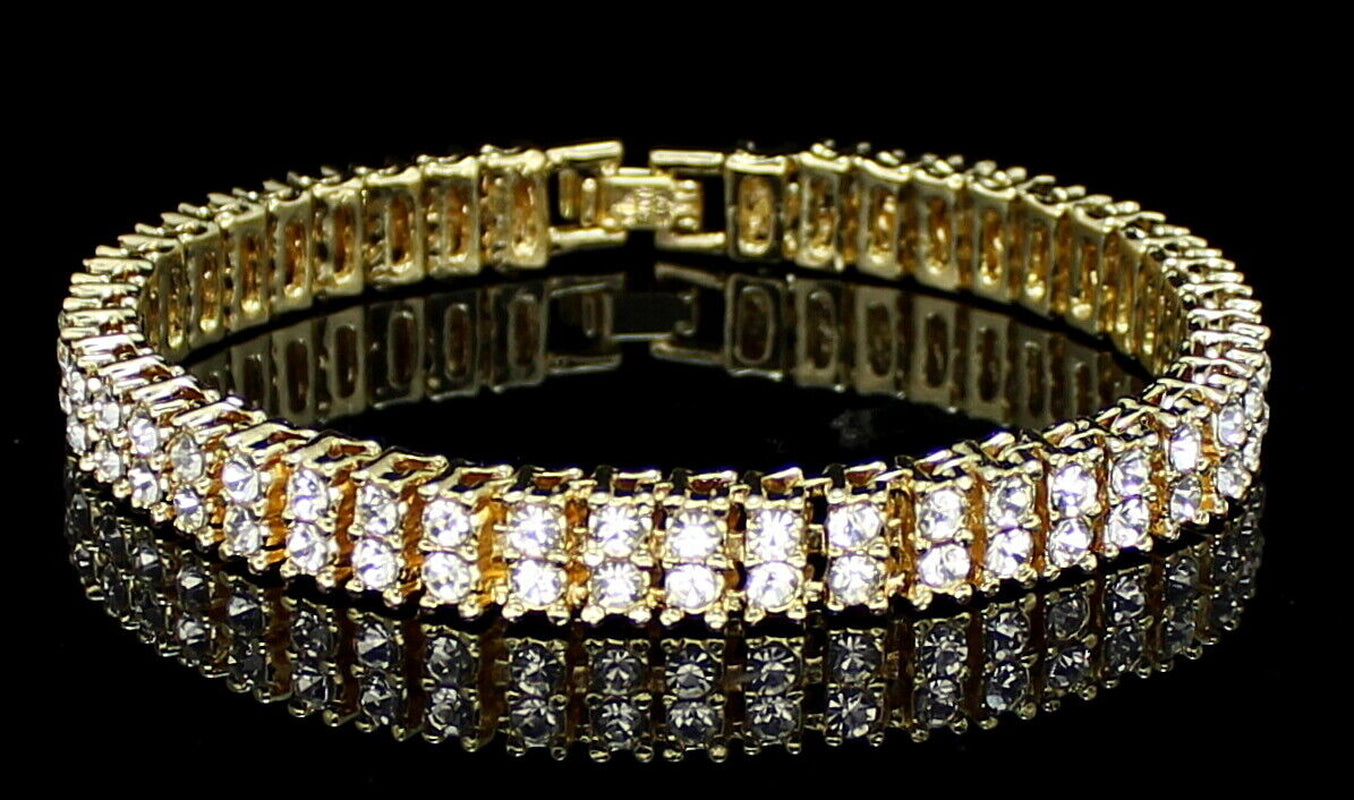Mens Womens 2 Row Cz Tennis Bracelet 14K Gold Plated 8 Inch