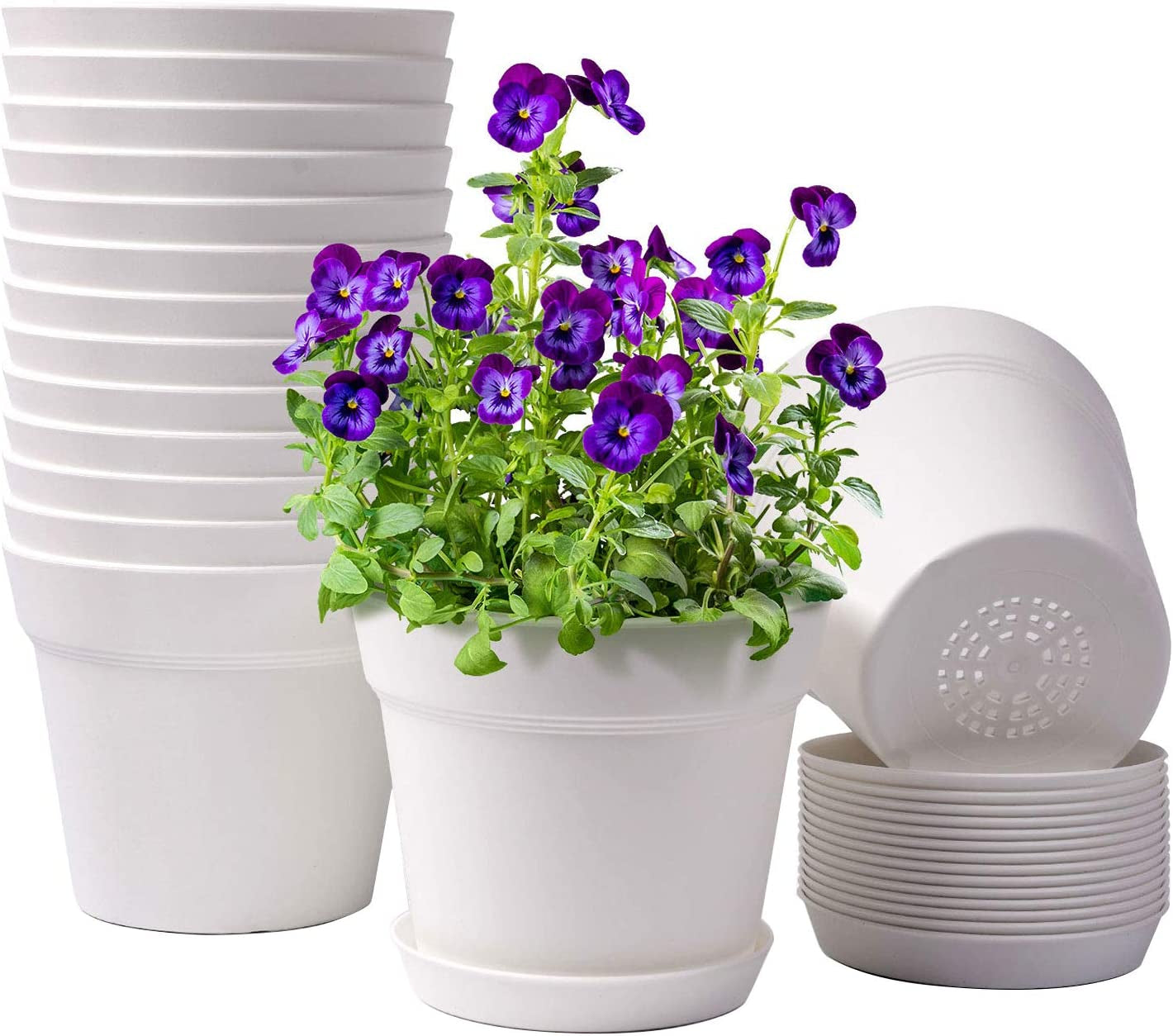 Pots for Plants, 15 Pack 6 Inch Plastic Planters with Multiple Drainage Holes and Trays - Plant Pots for All Home Garden Flowers Succulents (White)