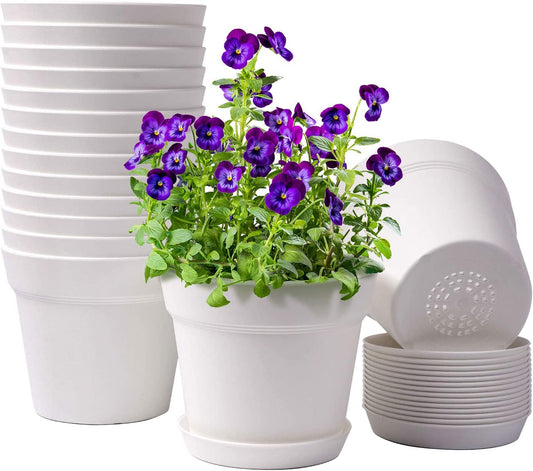 Pots for Plants, 15 Pack 6 Inch Plastic Planters with Multiple Drainage Holes and Trays - Plant Pots for All Home Garden Flowers Succulents (White)