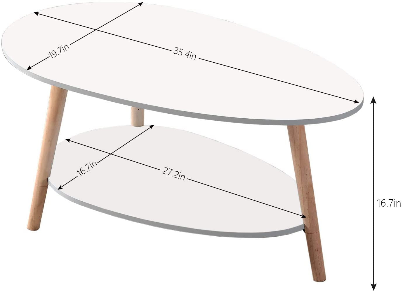 Coffee Table-Oval Wood Coffee Table with Open Shelving for Storage and Display 2 Tier Sofa Table, Small Modern Furniture for Living Room&Home Office-White
