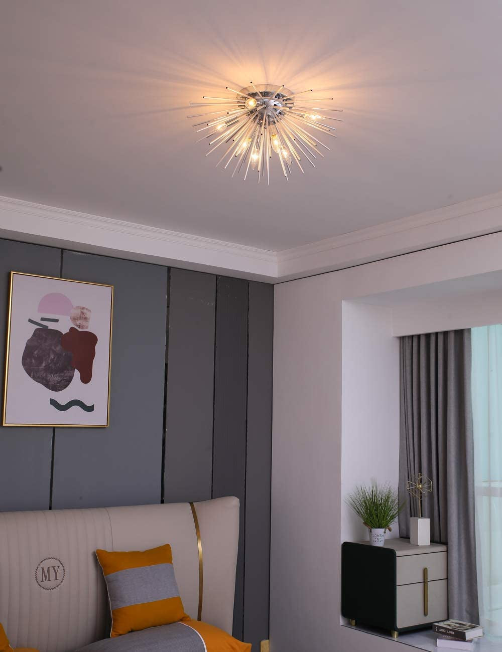 Sputnik Chandelier, 8-Light Flush Mount Ceiling Light for Bedroom, Living Room, Dining Room, Office (Silver)