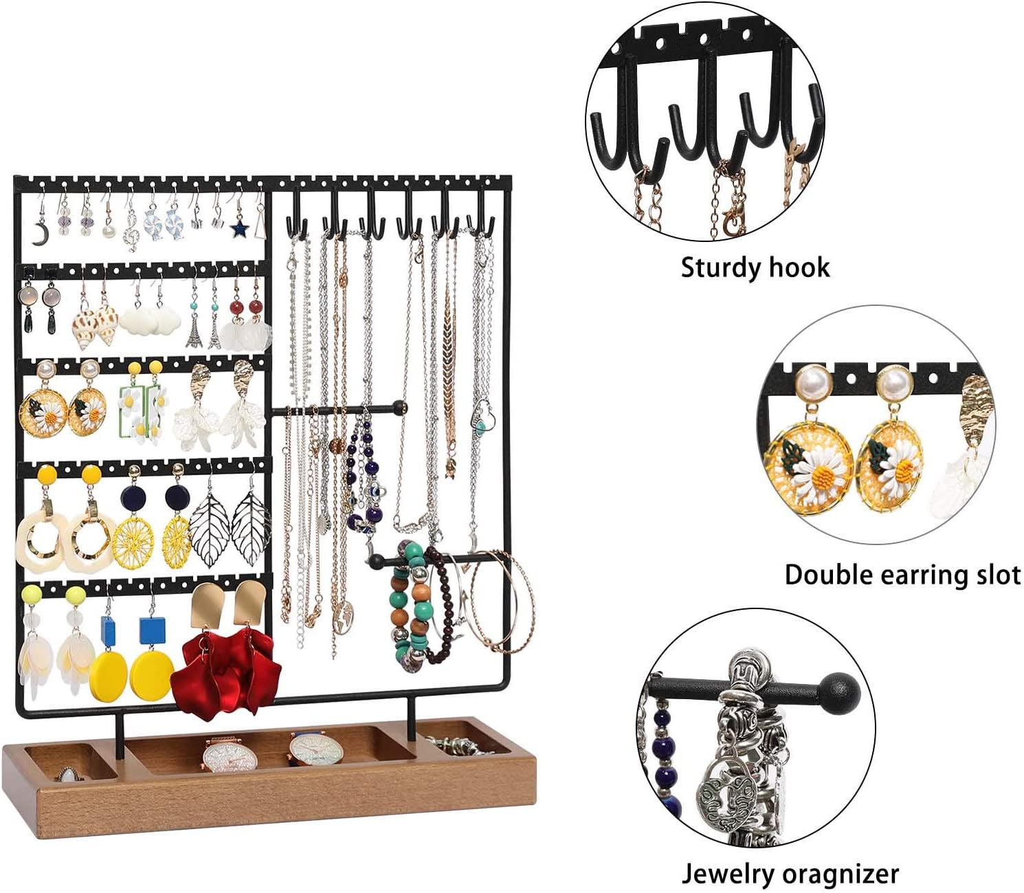 X-Cosrack Earring Holder,5-Tier Ear Stud Holder with Wooden Tray,Jewelry Organizer Holder for Earrings Necklaces Bracelets Watches and Rings,Earring Display Stand with 132 Holes,Black