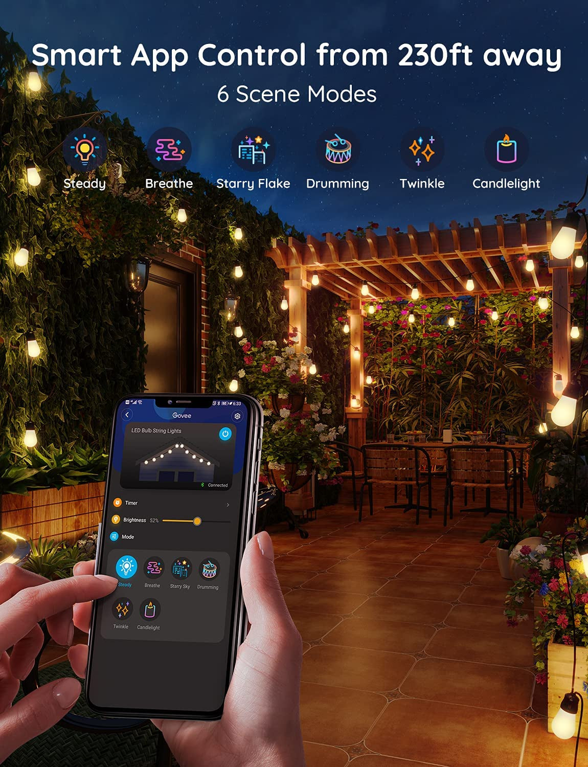 Smart Outdoor String Lights, 96Ft App Control Lights with 6 Scene Modes, IP65 Waterproof Shatterproof Patio Lights with 30 Dimmable Warm White LED Bulbs for for Balcony, Backyard, Party