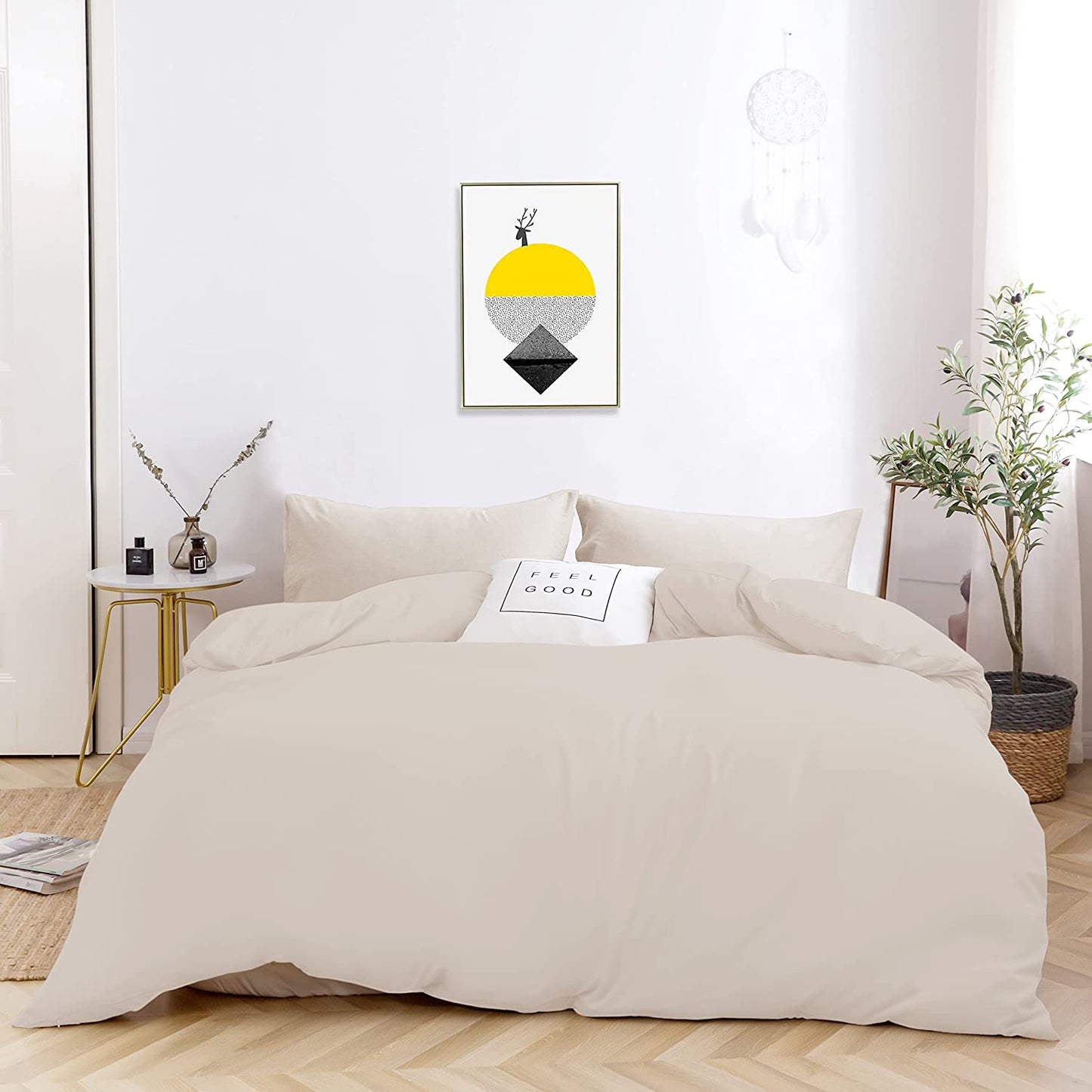 Duvet Cover Queen Beige 3 Pieces Set Solid Color Soft Cooling Double Brushed Microfiber 1800 Quality Comforter Cover with Zipper Clousre