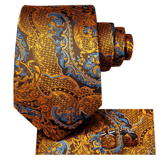 Extra Long Mens Tie 100% Silk Brown Floral Paisley Necktie Set Wedding US