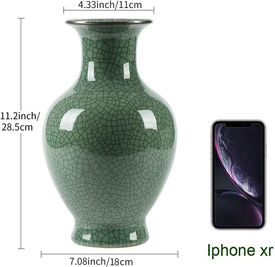 Chinese Ceramic Art Handmade Antique Ice Crack Glaze Vases Big China Porcelain Flower Bottle Vase for Home Decoration(Green)