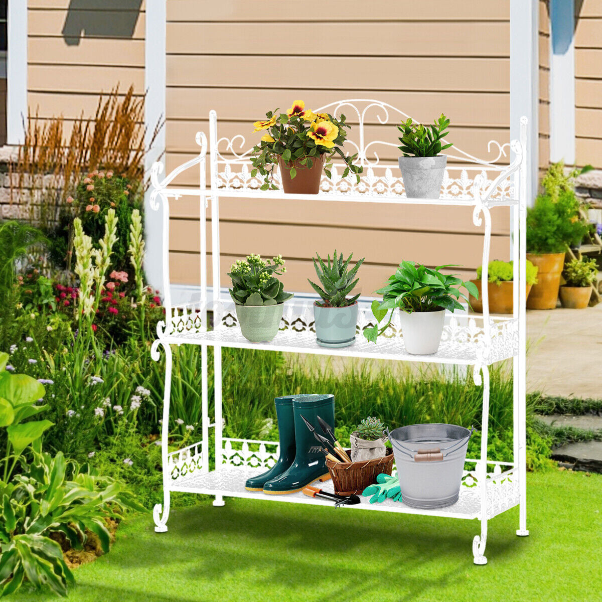 3 Tier White Foldable Metal Rack Storage Book Shelves Holder Kitchen Shelf RACK